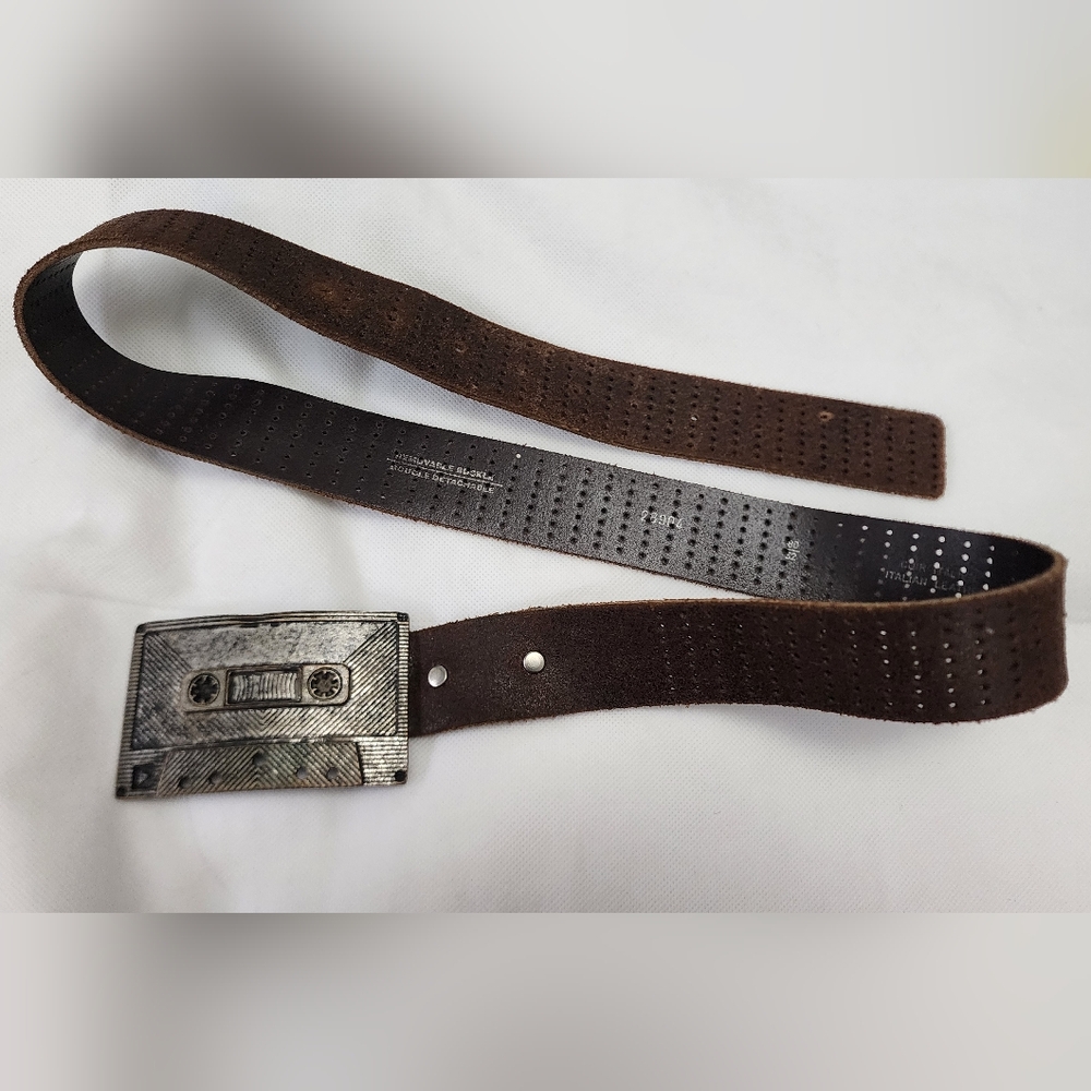 Vintage Cassette Buckle Italian Leather Belt Size 32 Inches to 38